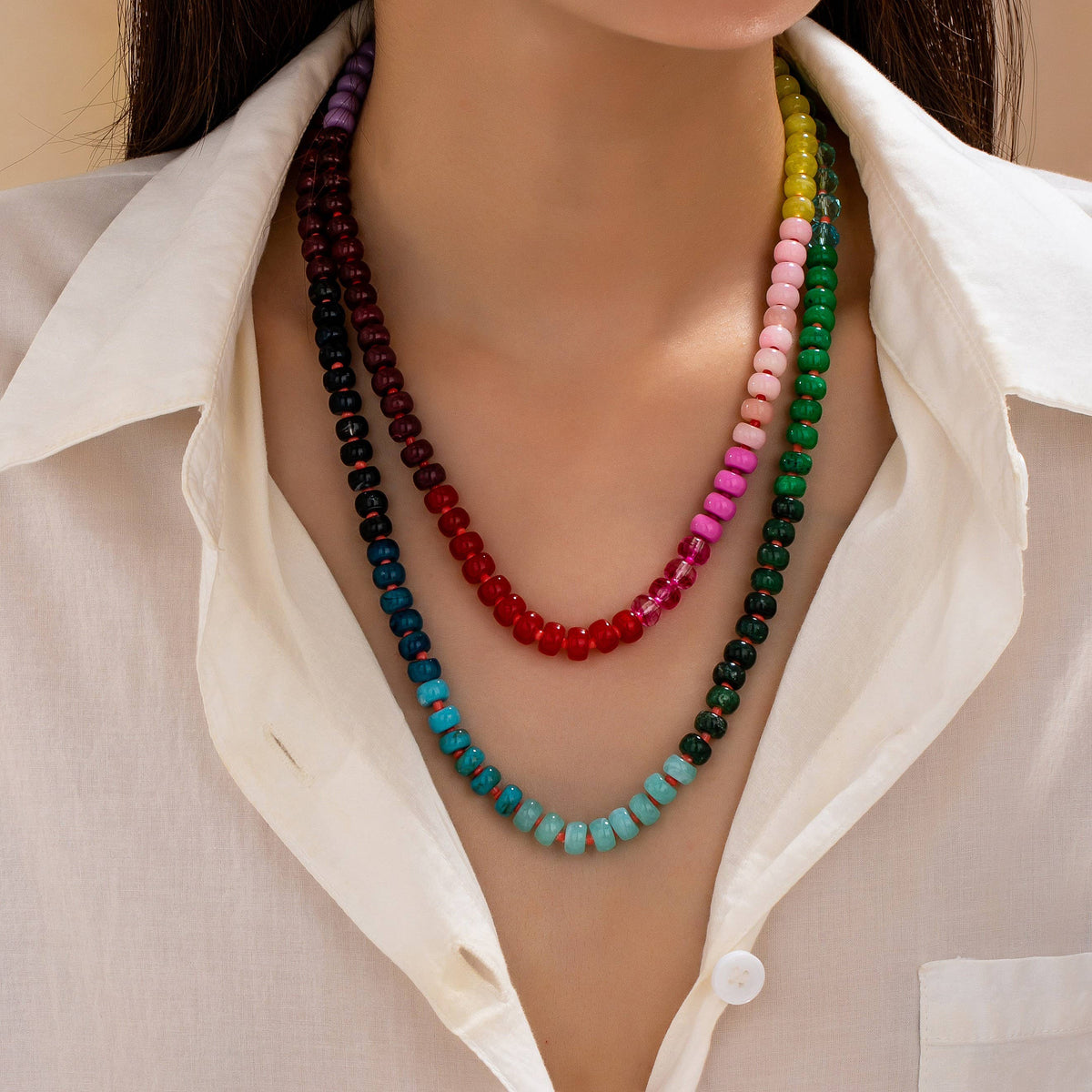 Gemstone-Inspired Long Multicolor Bead Necklace