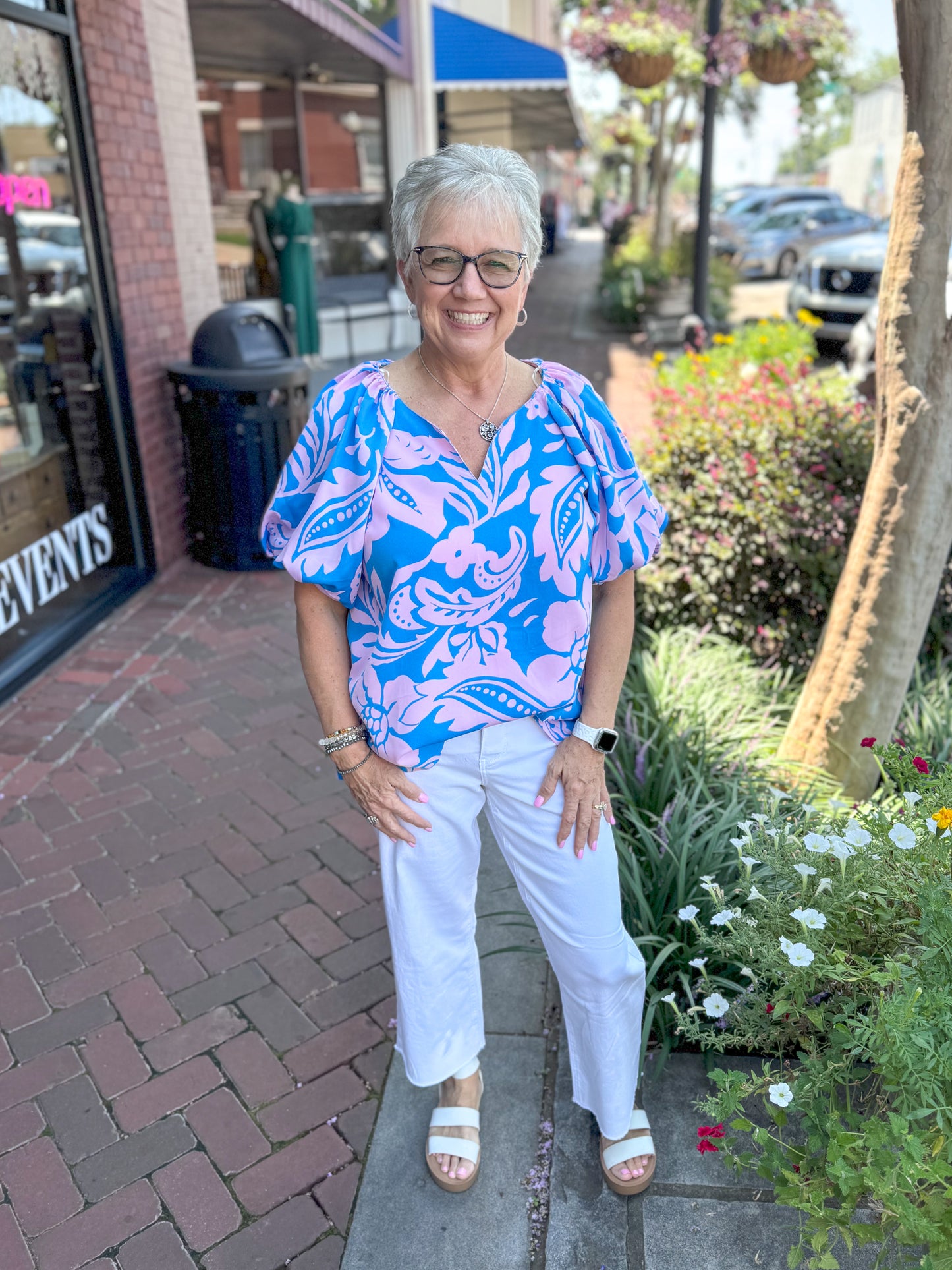 Blue & Pink Floral Puff Sleeve Blouse