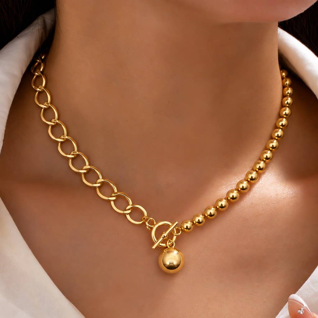 Mixed Link & Round Bead Pendant Necklace