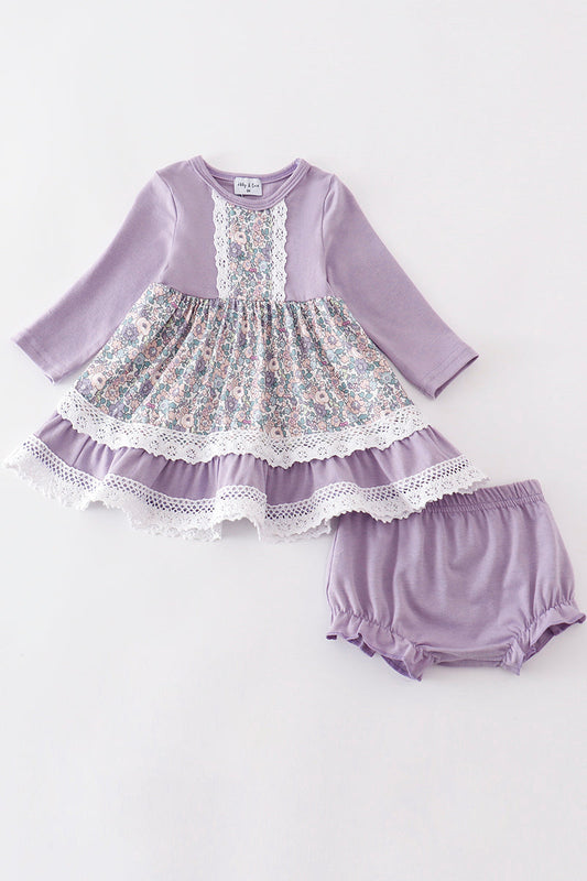 Girls Purple Floral Lace Set