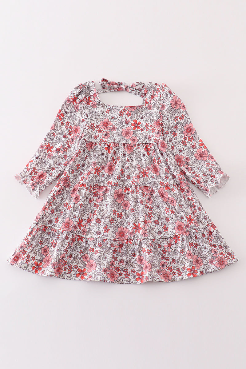 Girls Pink Floral Square Neck Dress