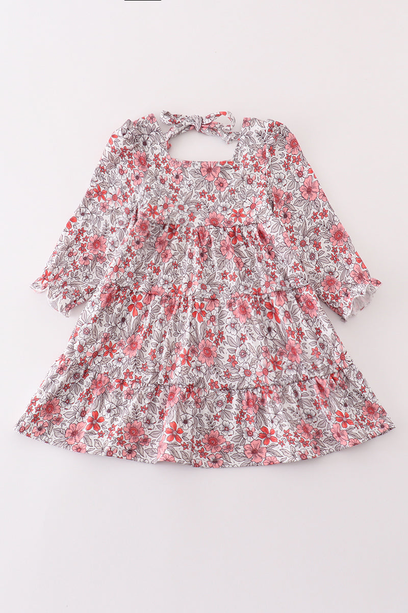 Girls Pink Floral Square Neck Dress