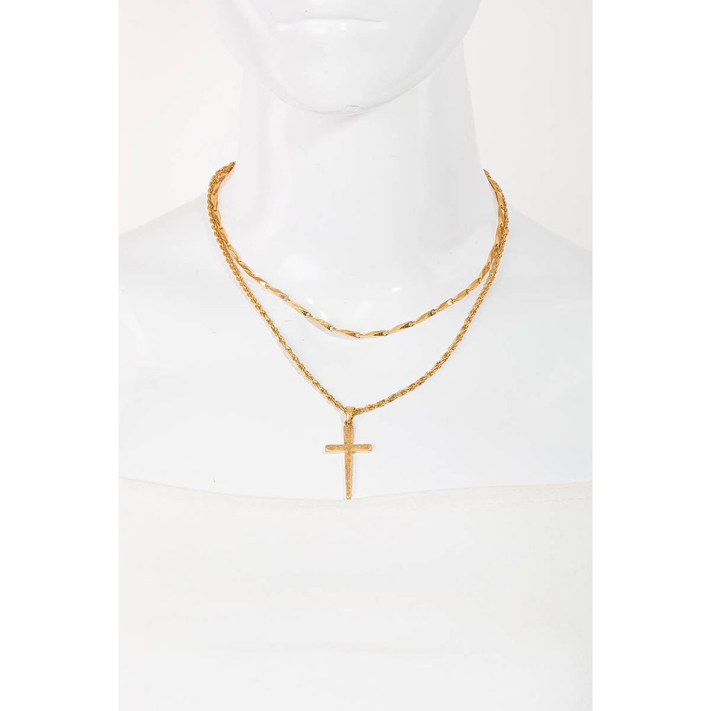 Cross Pendant Layered Chain Necklace