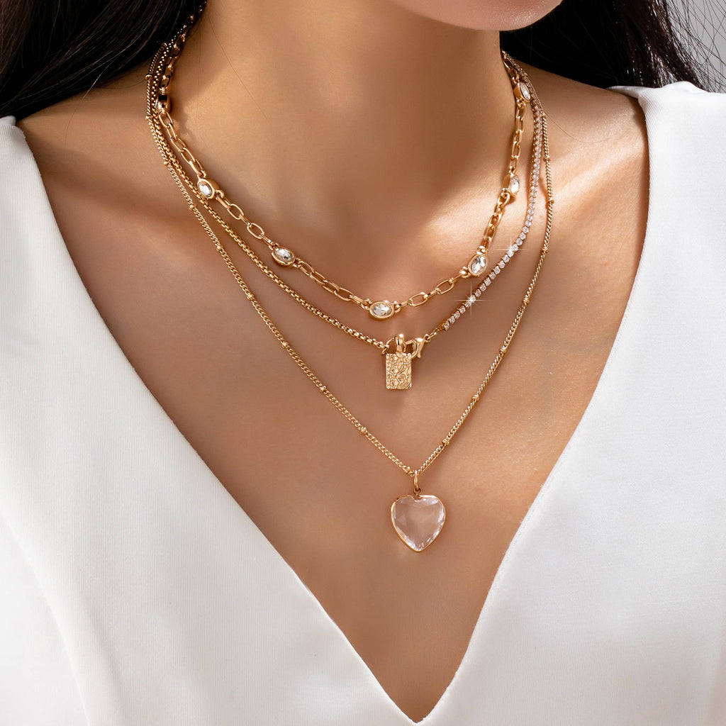 Multi Layered Rhinestone Heart Charm Necklace