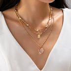 Multi Layered Rhinestone Heart Charm Necklace