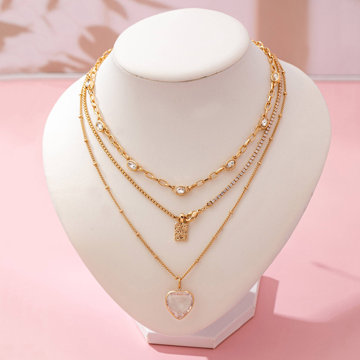 Multi Layered Rhinestone Heart Charm Necklace