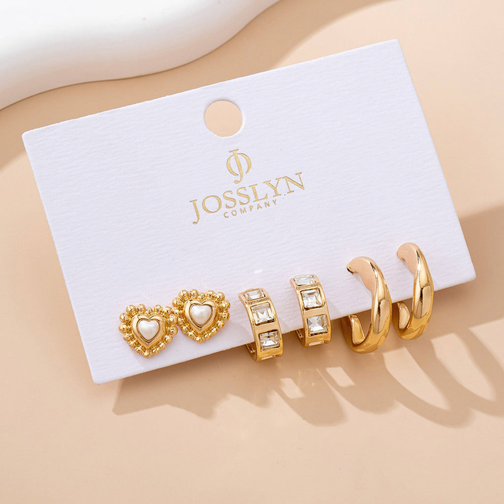 Pearl Heart & Rhinestone Huggie Hoop Trio Earring Set