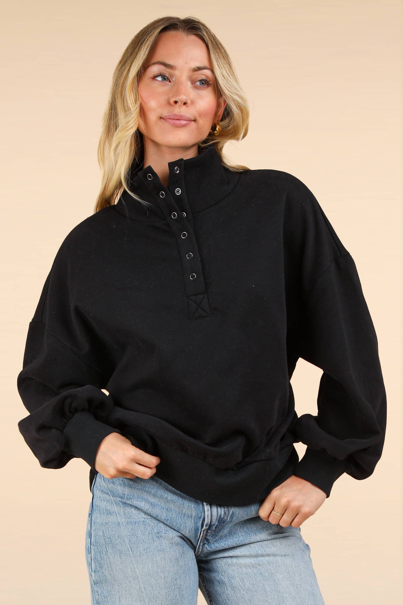 Balloon Sleeve Button Down Sweatshirt