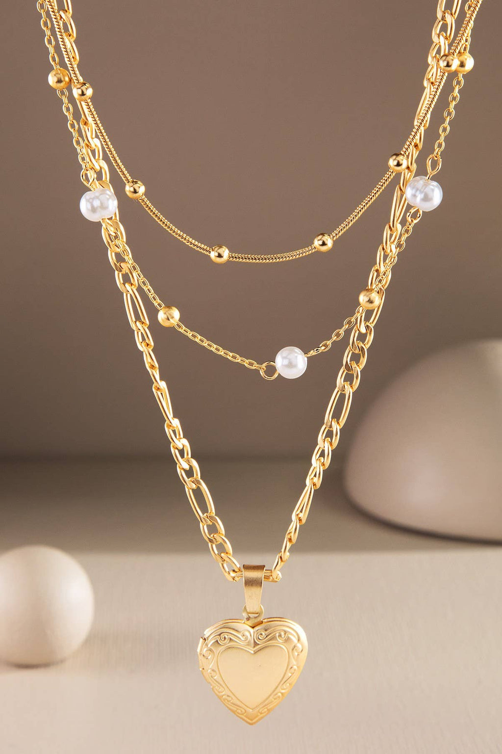 Layered Pearl & Heart Charm Necklace Set
