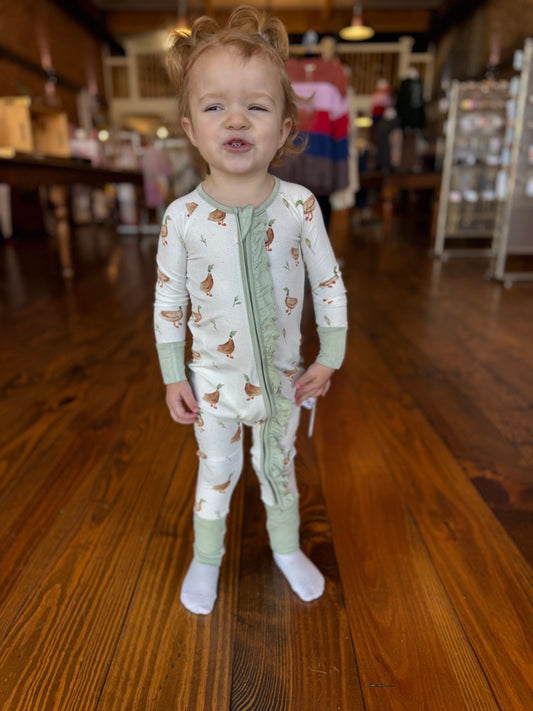 Ruffled Ducks in the Meadow Bamboo Zippie Pajamas