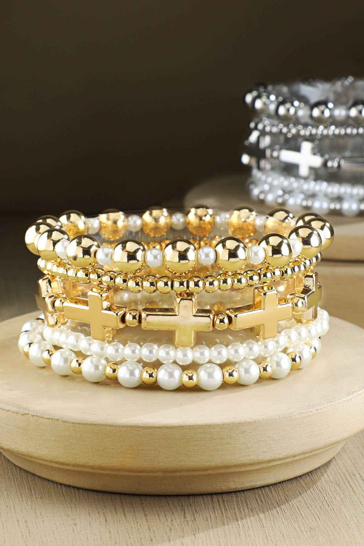 Stackable Pearl Bead & Cross Charm Bracelet Set