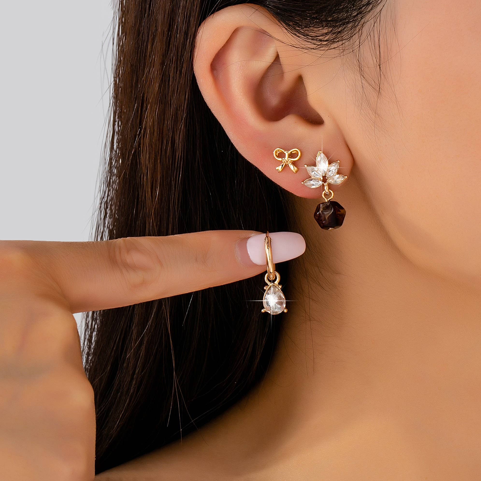Gold-Tone Floral & Drop Earring Trio Set