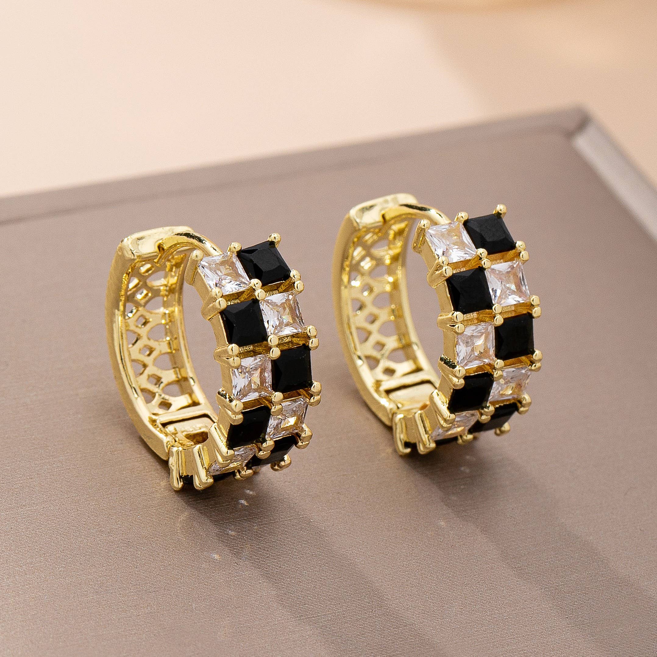 Checker Crystal Baguette Hoop Earrings