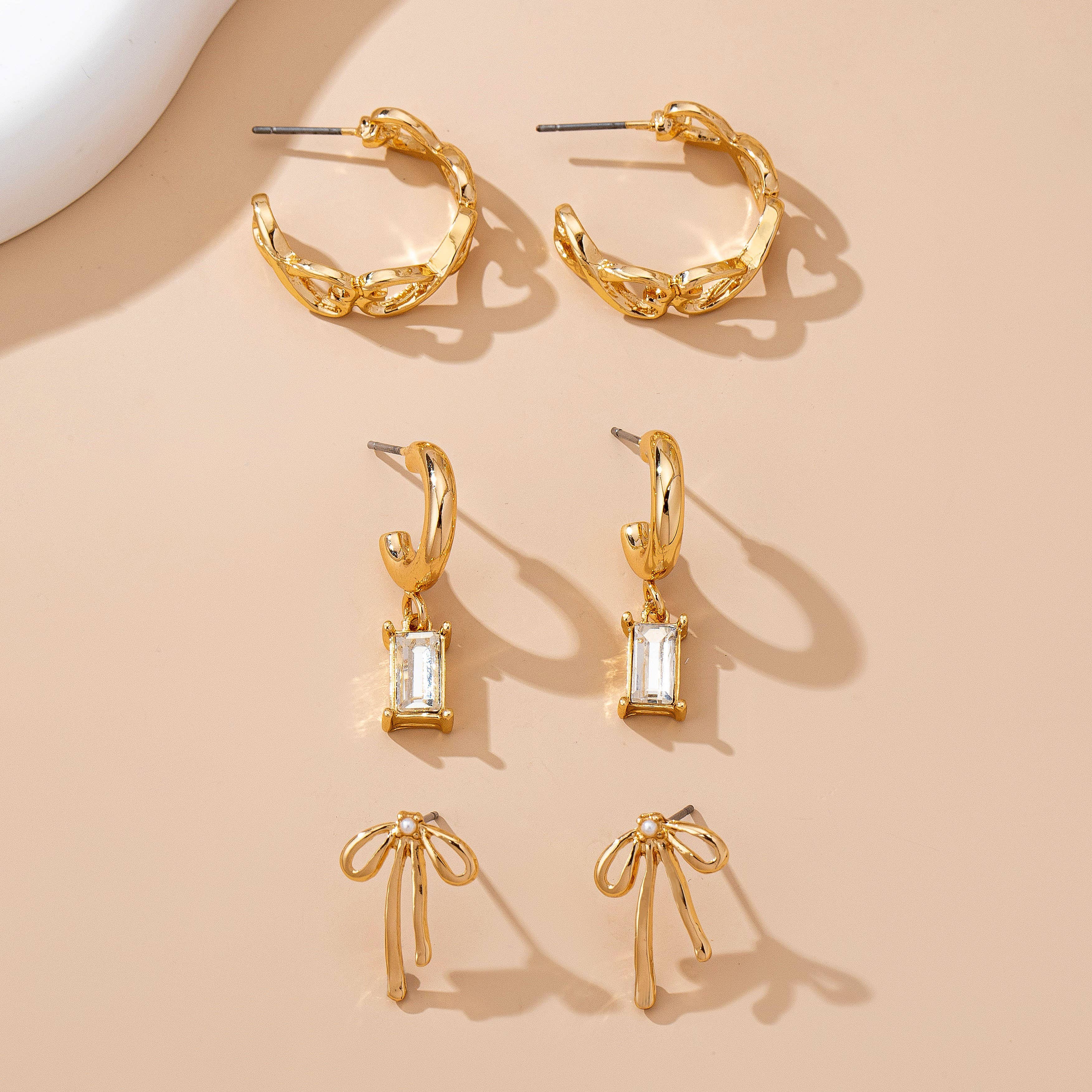 Baguette Stone Hoop, Bow Trio Earring Set
