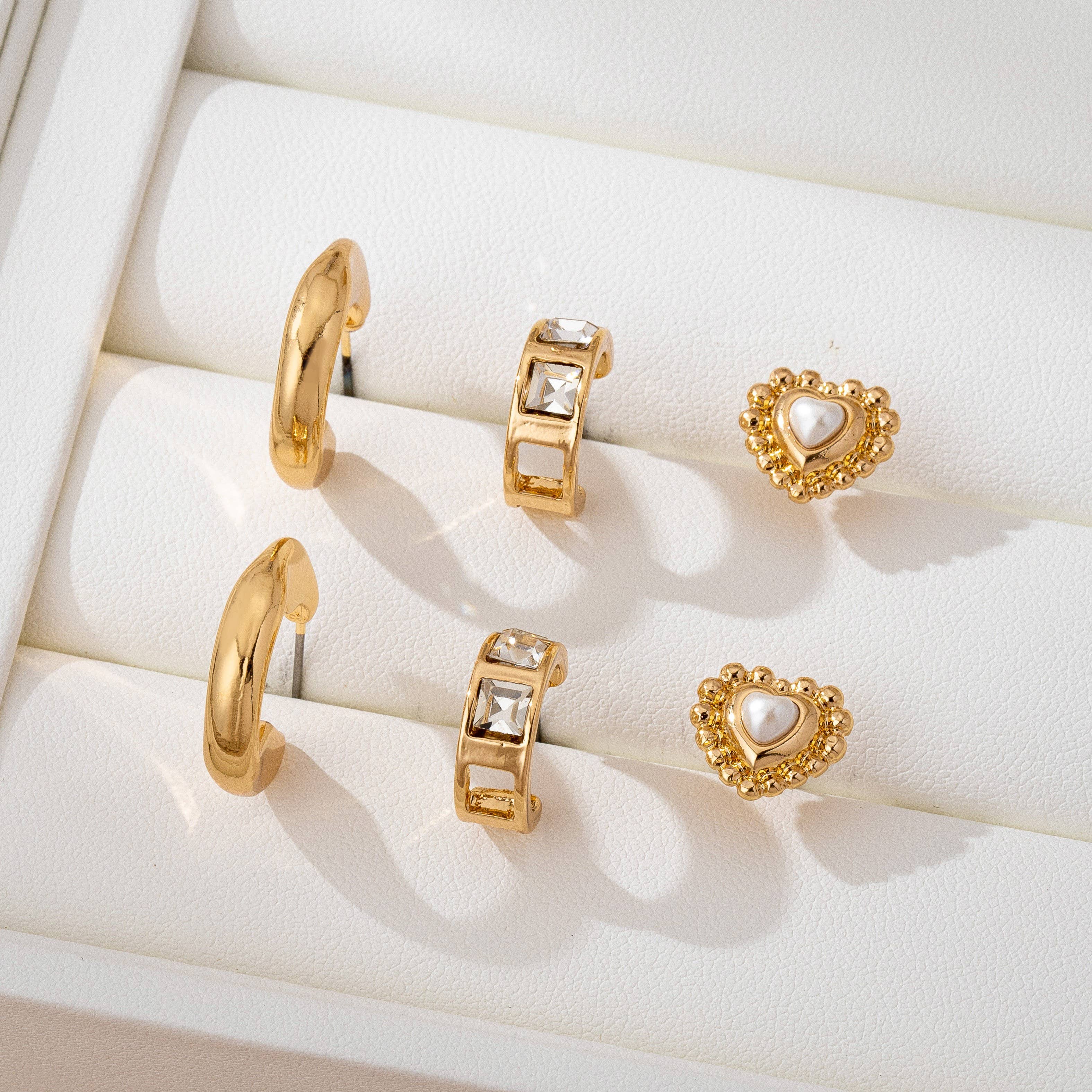 Pearl Heart & Rhinestone Huggie Hoop Trio Earring Set