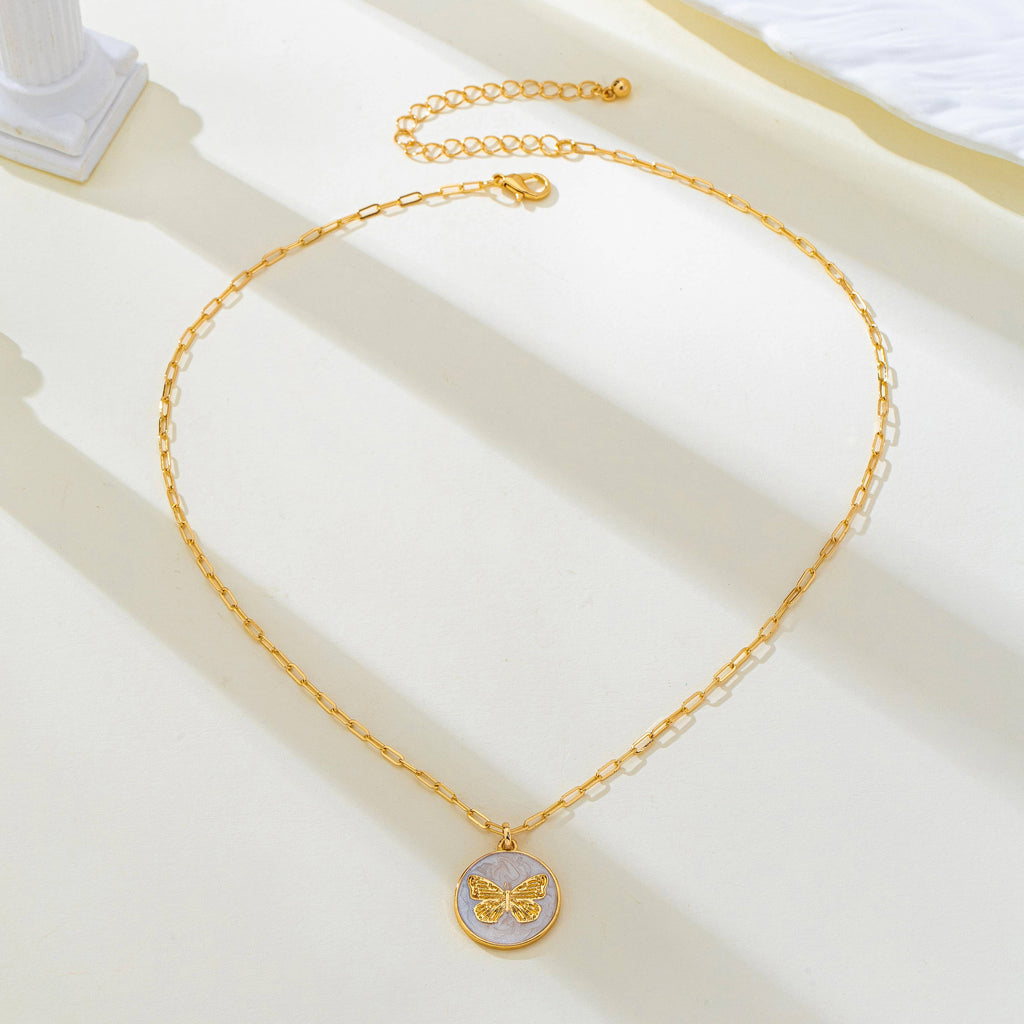Paperclip Chain Butterfly Enamel Pendant Necklace