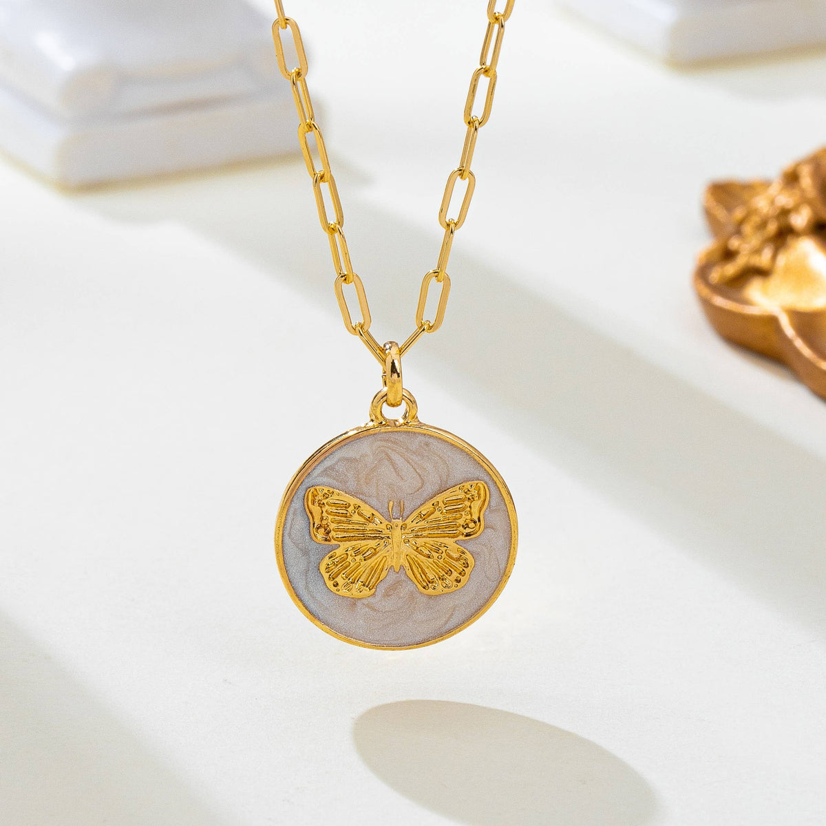 Paperclip Chain Butterfly Enamel Pendant Necklace