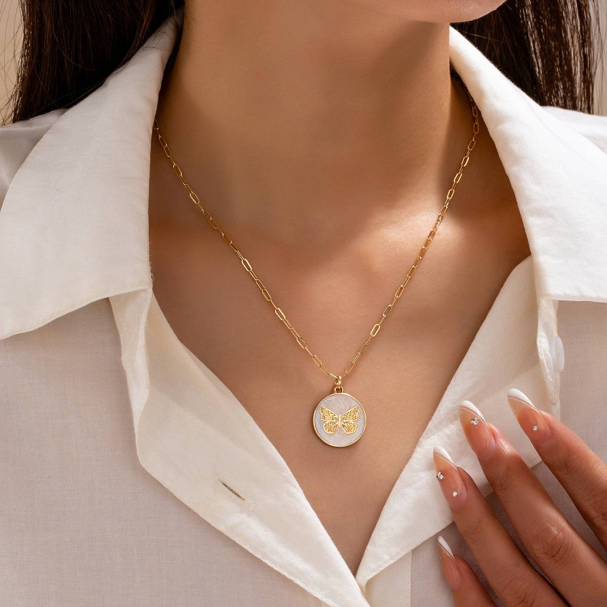Paperclip Chain Butterfly Enamel Pendant Necklace