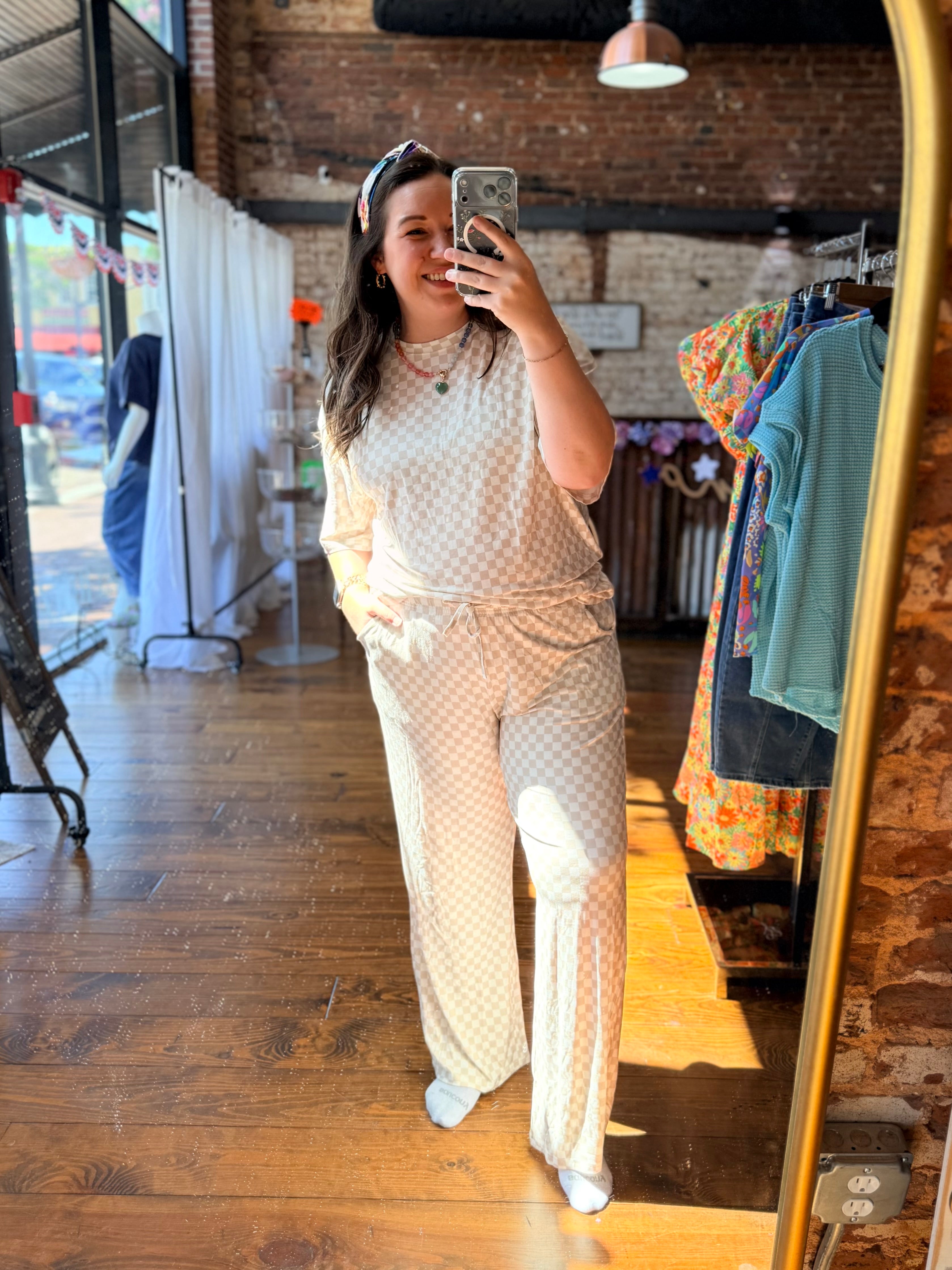 Cream Checkered Bamboo Pajamas Set - Adult