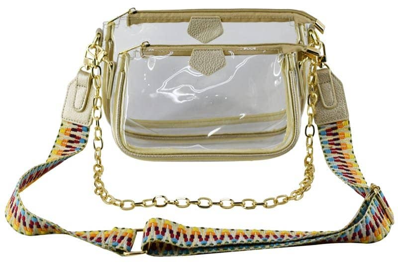 Clear Double Zip Crossbody Bag With Guitar/Chain Strap