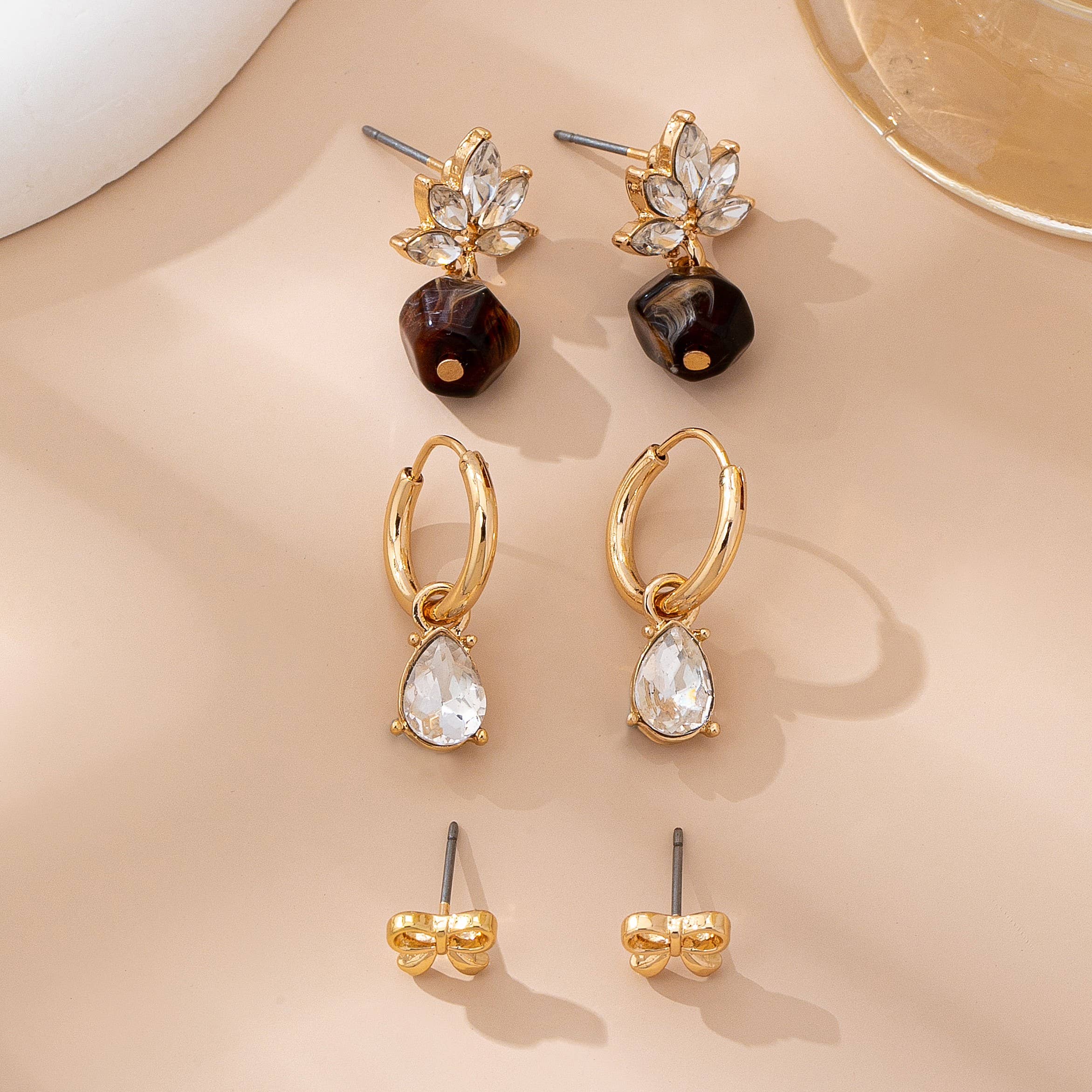 Gold-Tone Floral & Drop Earring Trio Set