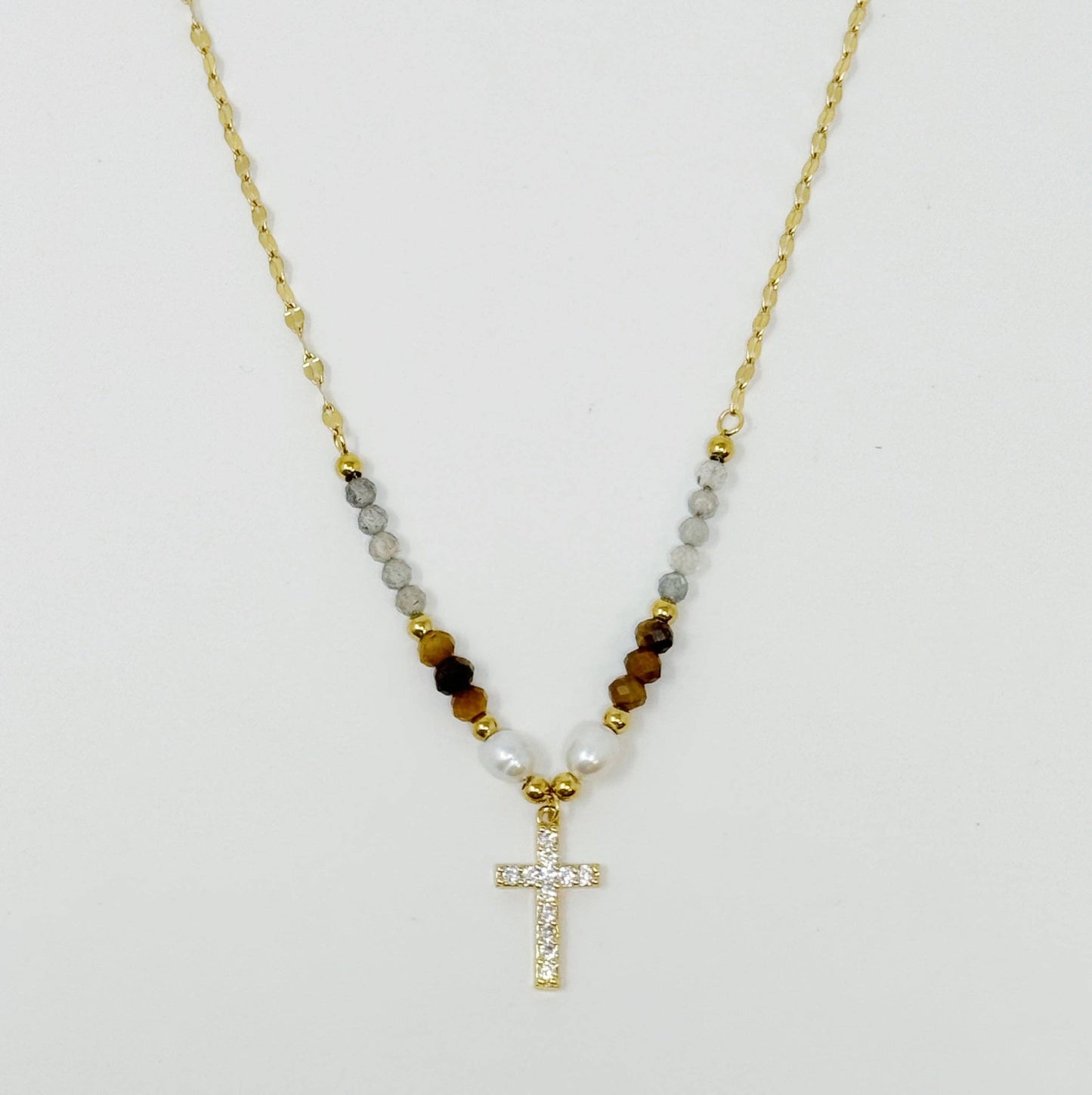 Cross Pendant Stone Bead Necklace