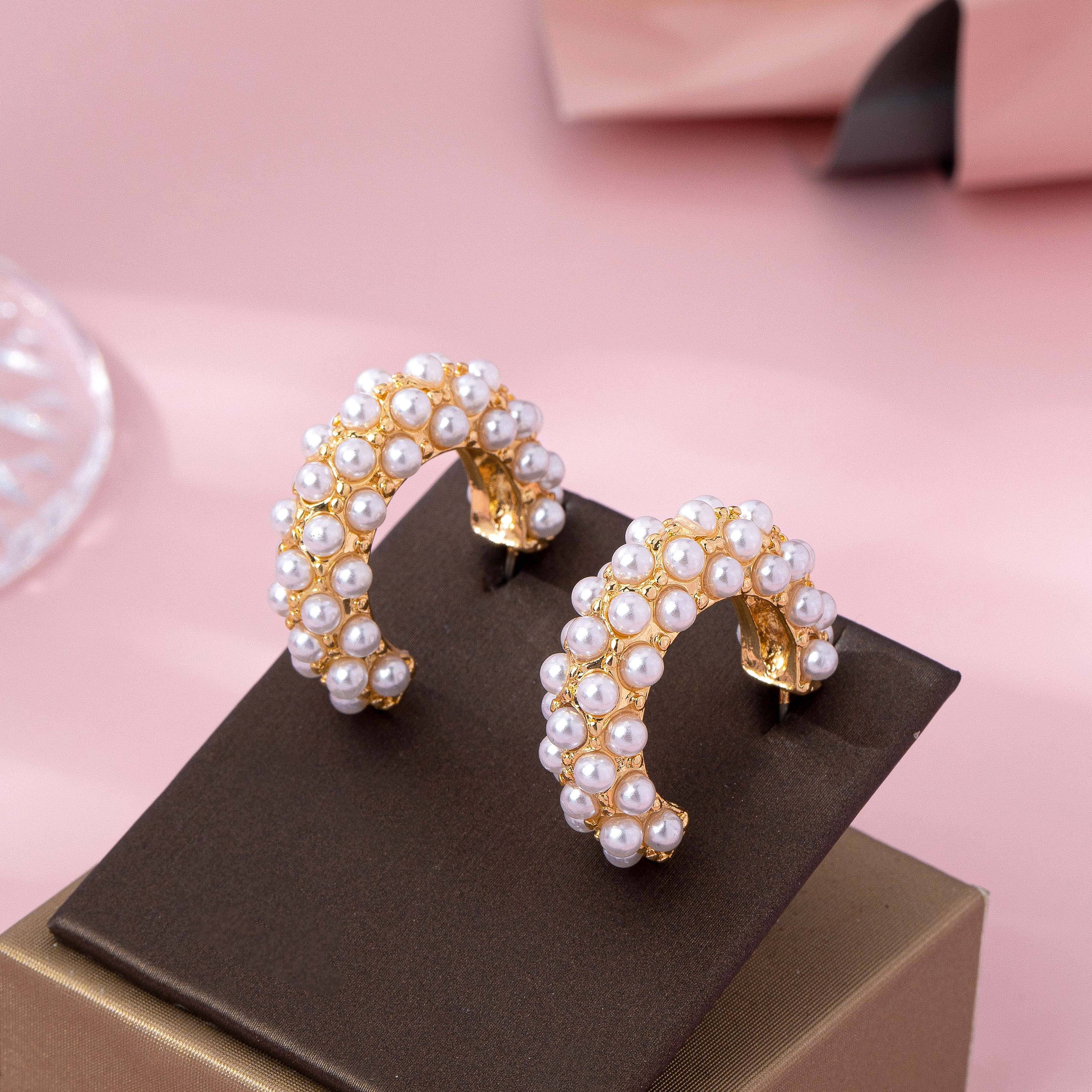 Multi Pearl C Hoop Earrings