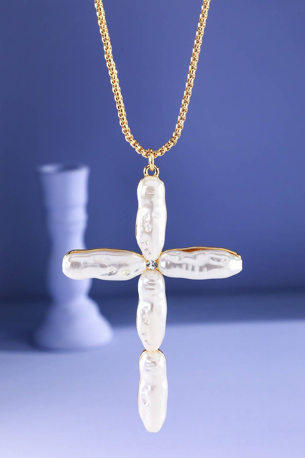 Pearl Look Long Cross Necklace