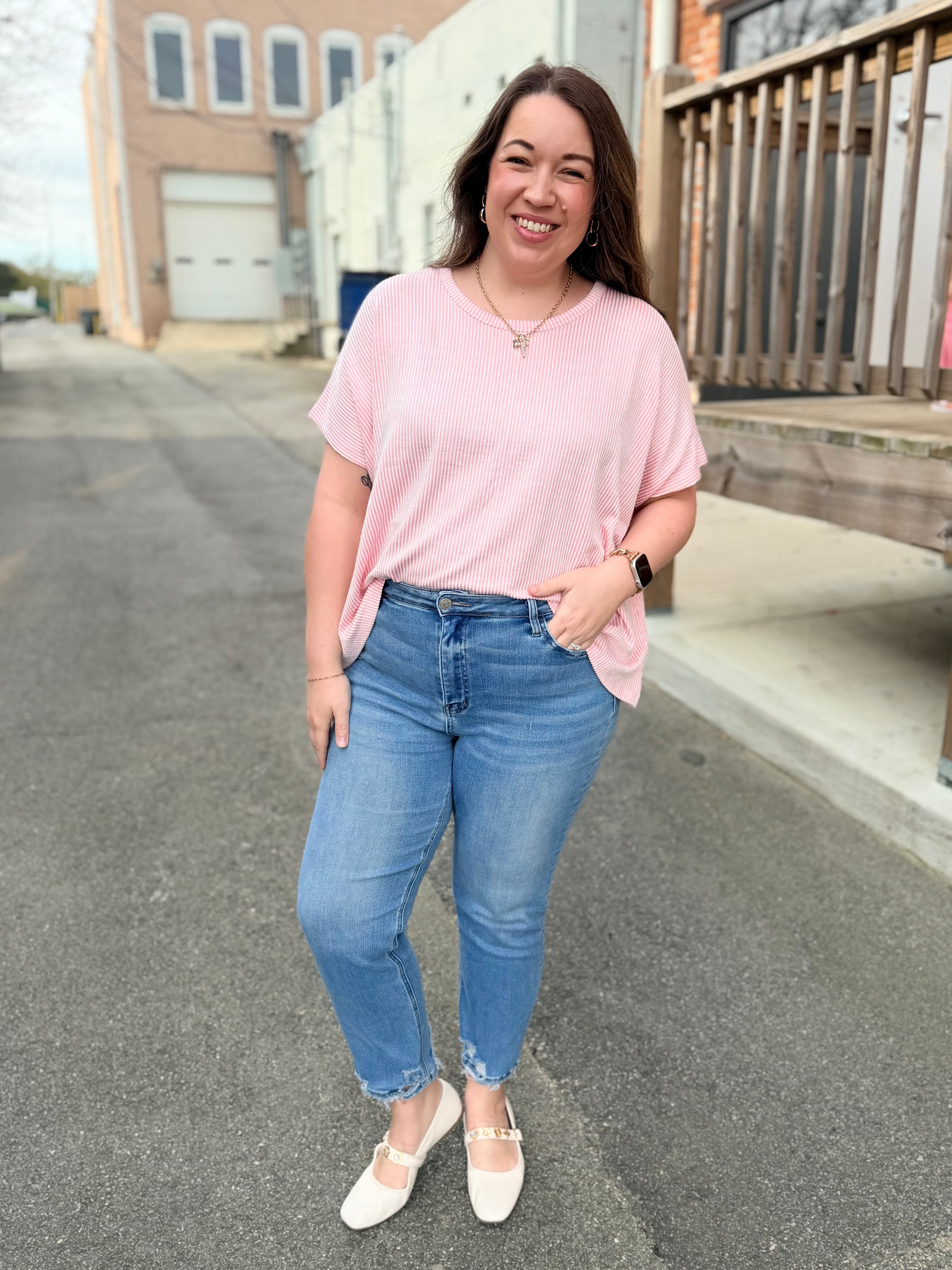 Simple Oversized Ribbed Knit Top - Pink