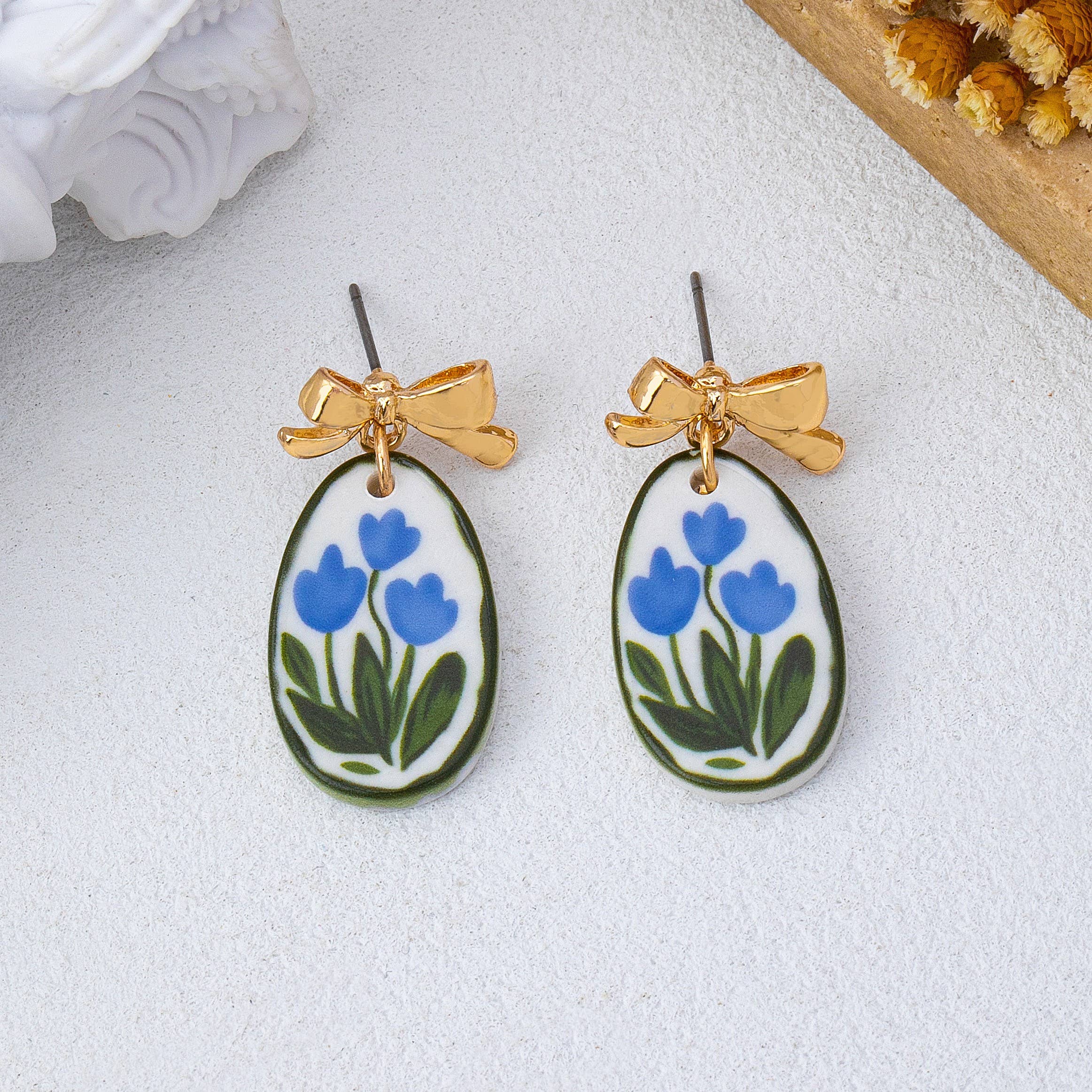 Gold Bow Drop Charm Earrings