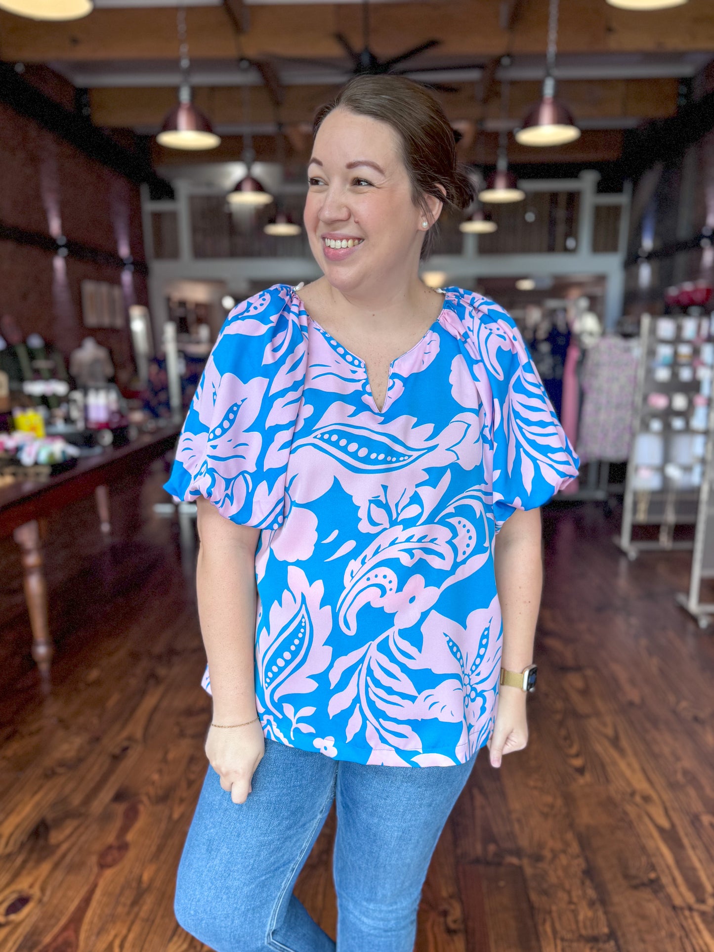 Blue & Pink Floral Puff Sleeve Blouse