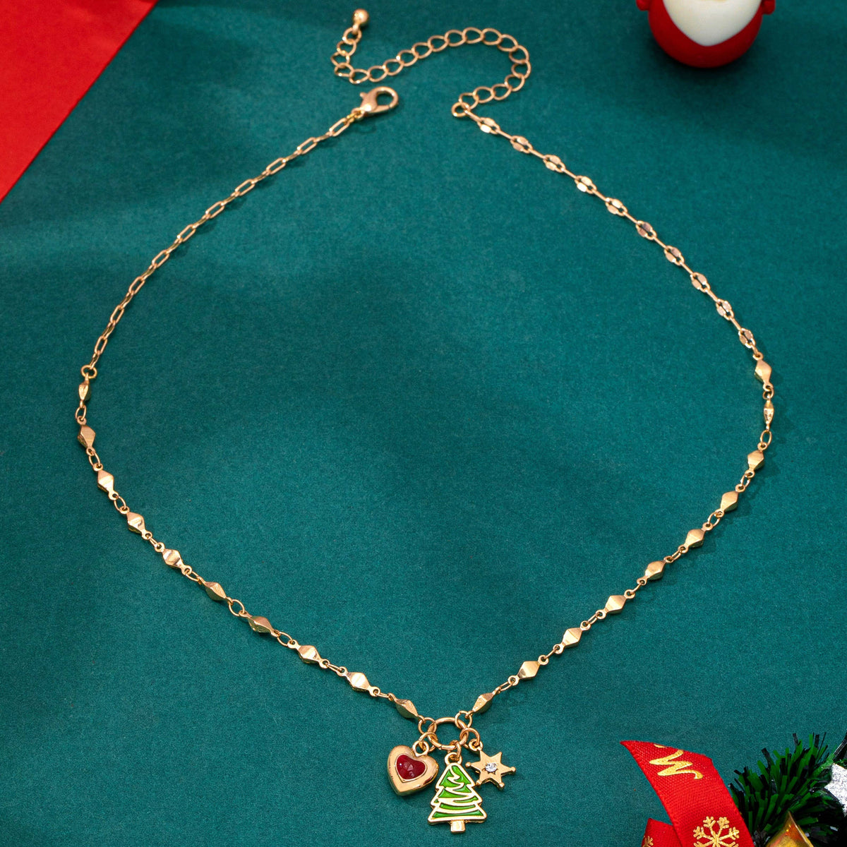 Cluster Christmas Tree and Heart Charm Necklace