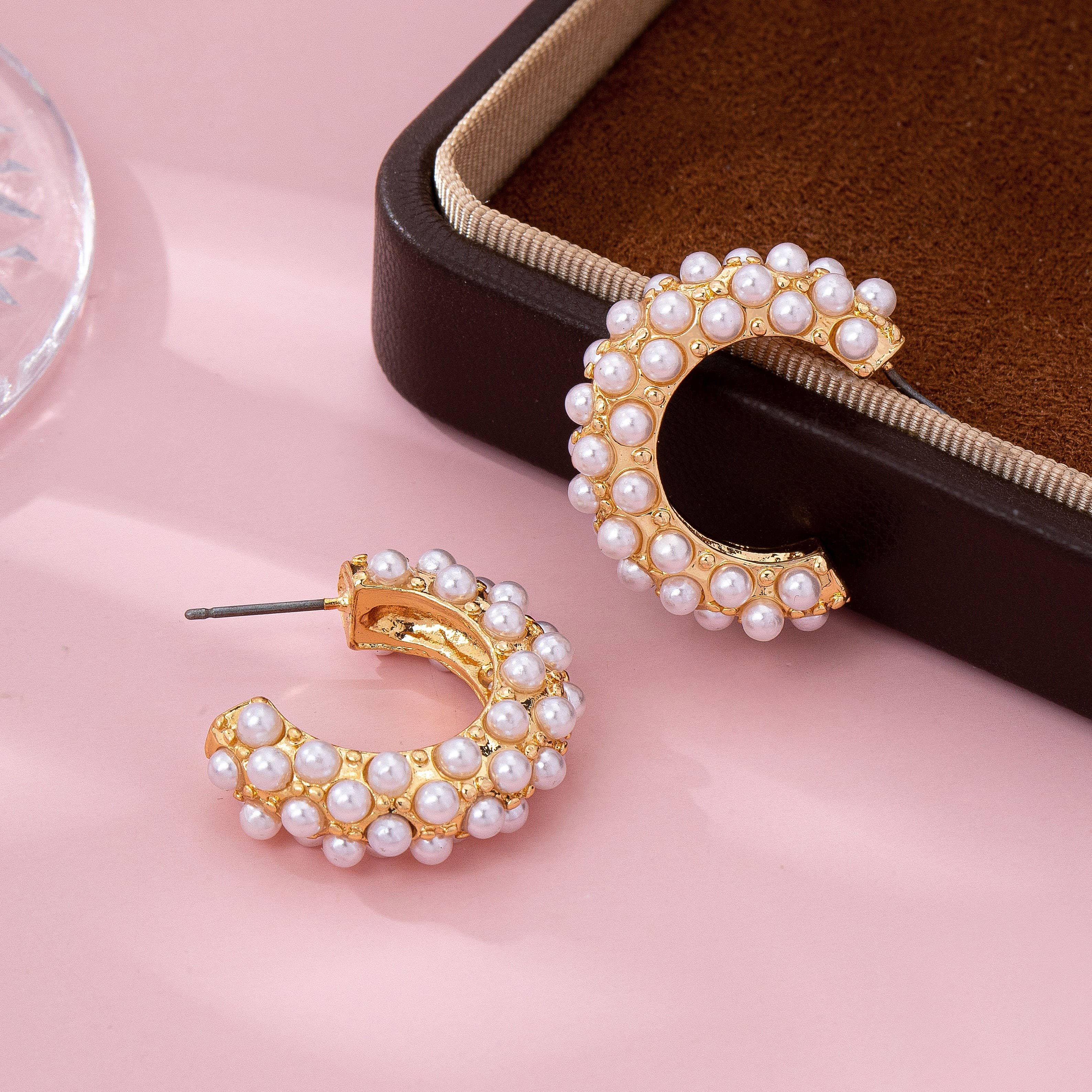Multi Pearl C Hoop Earrings