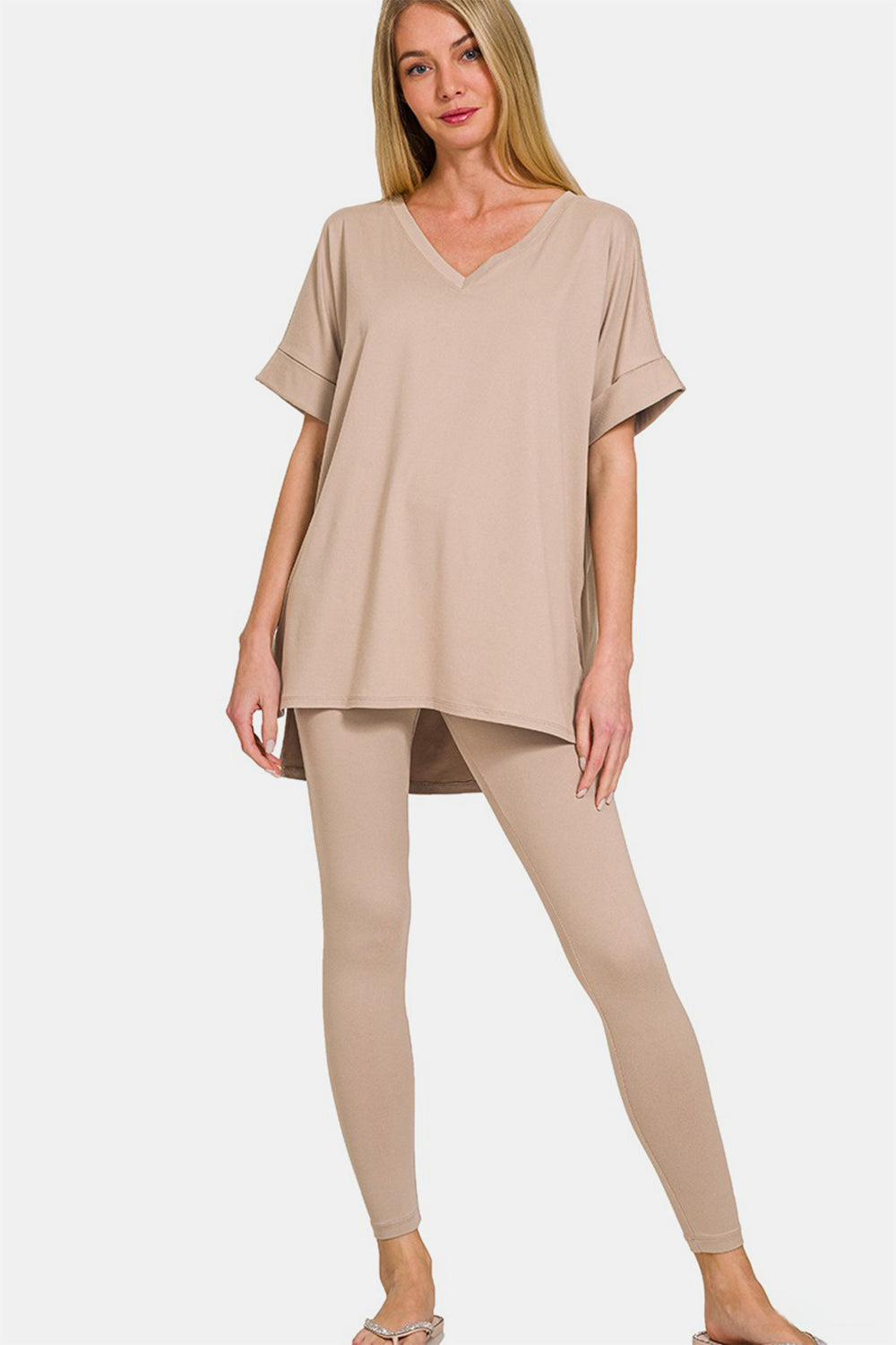 Zenana V-Neck Rolled Short Sleeve Shirt and Leggings Lounge Set