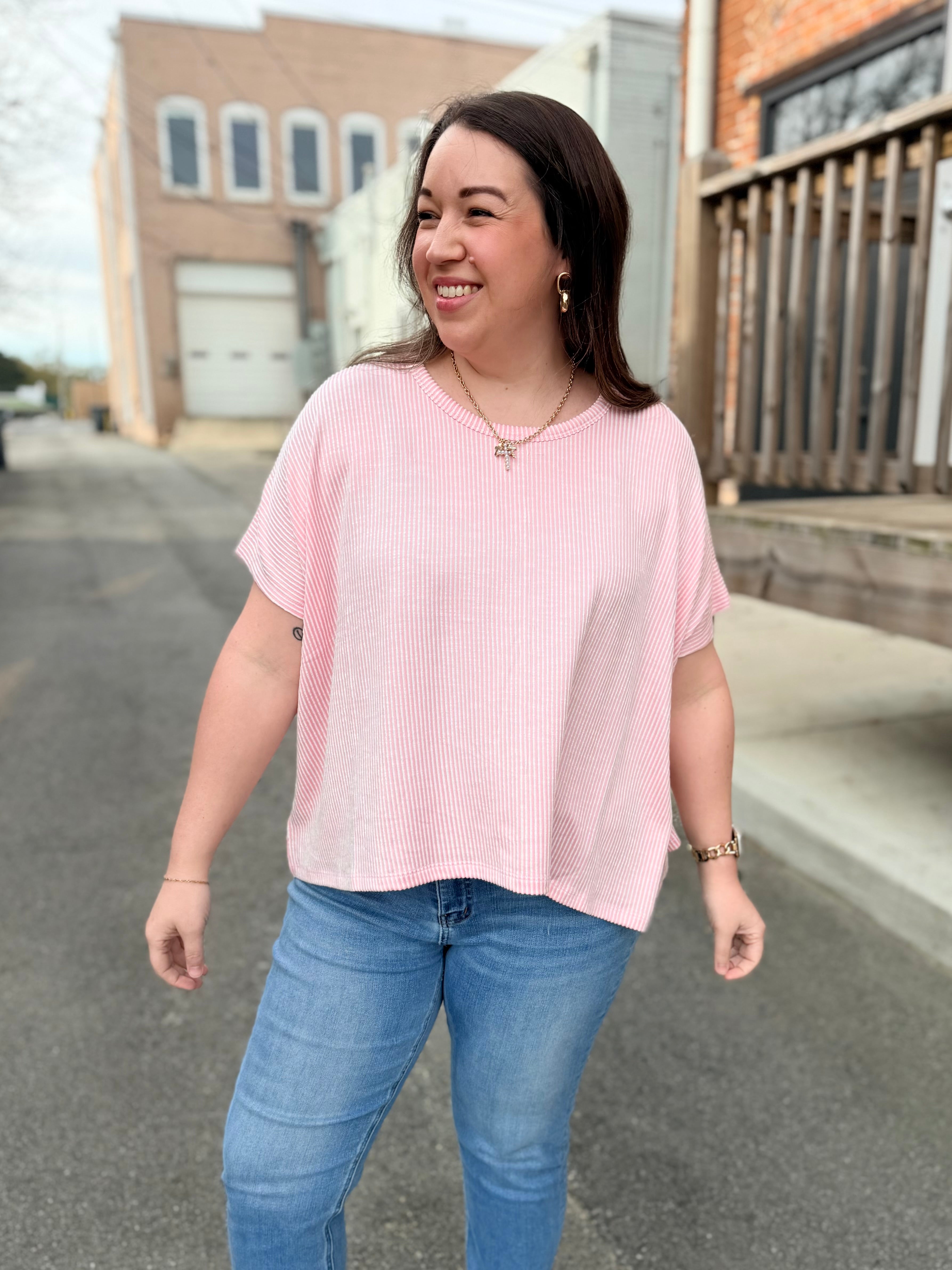 Simple Oversized Ribbed Knit Top - Pink