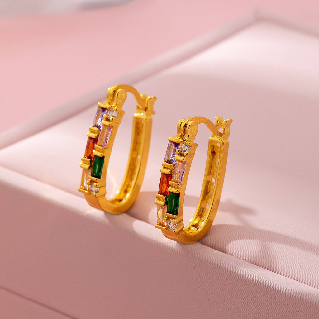 Rainbow Gemstone Bar Hoop Earrings