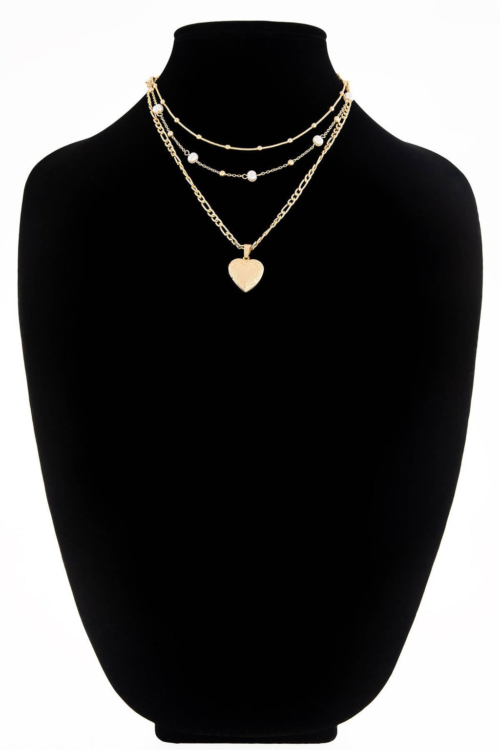 Layered Pearl & Heart Charm Necklace Set