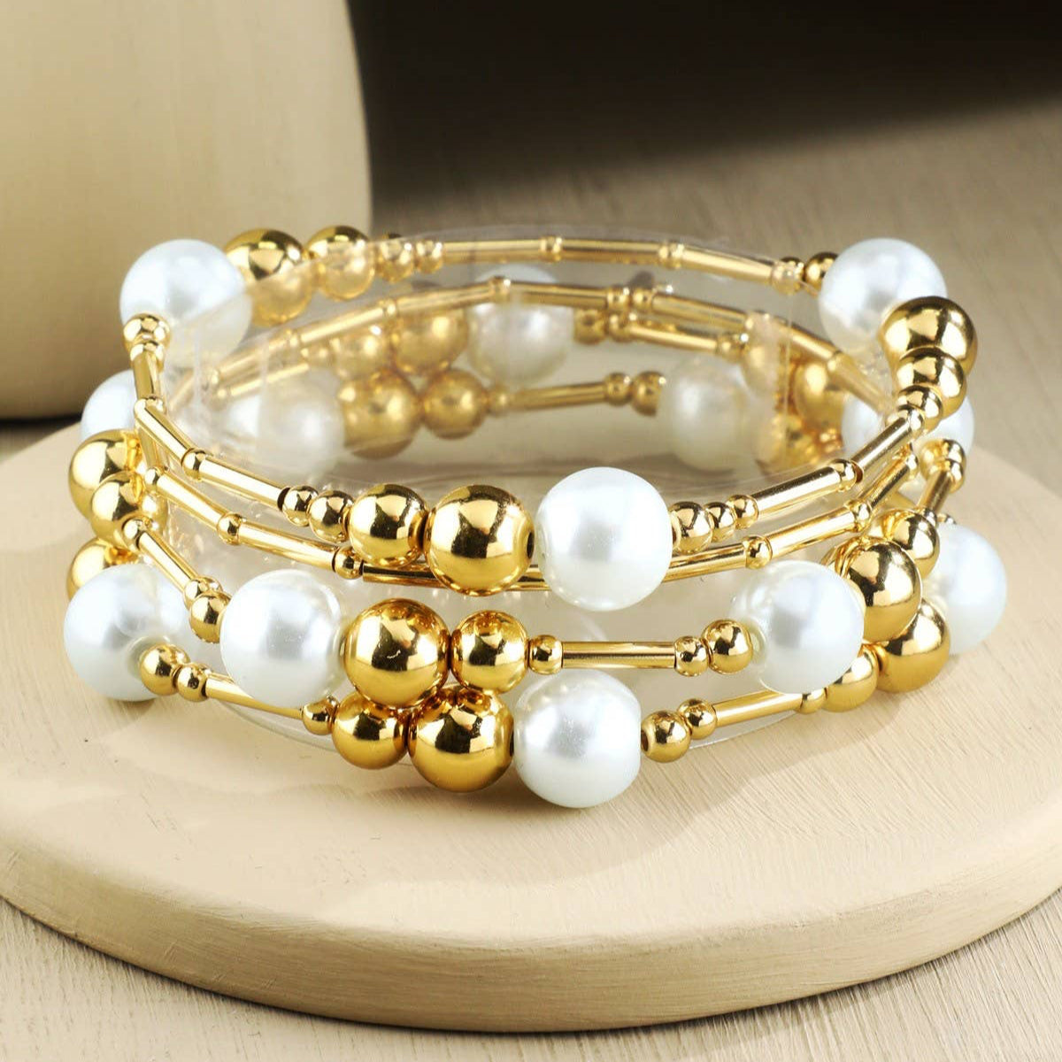 Brass Pearl Beads Stretchy Bracelet Set