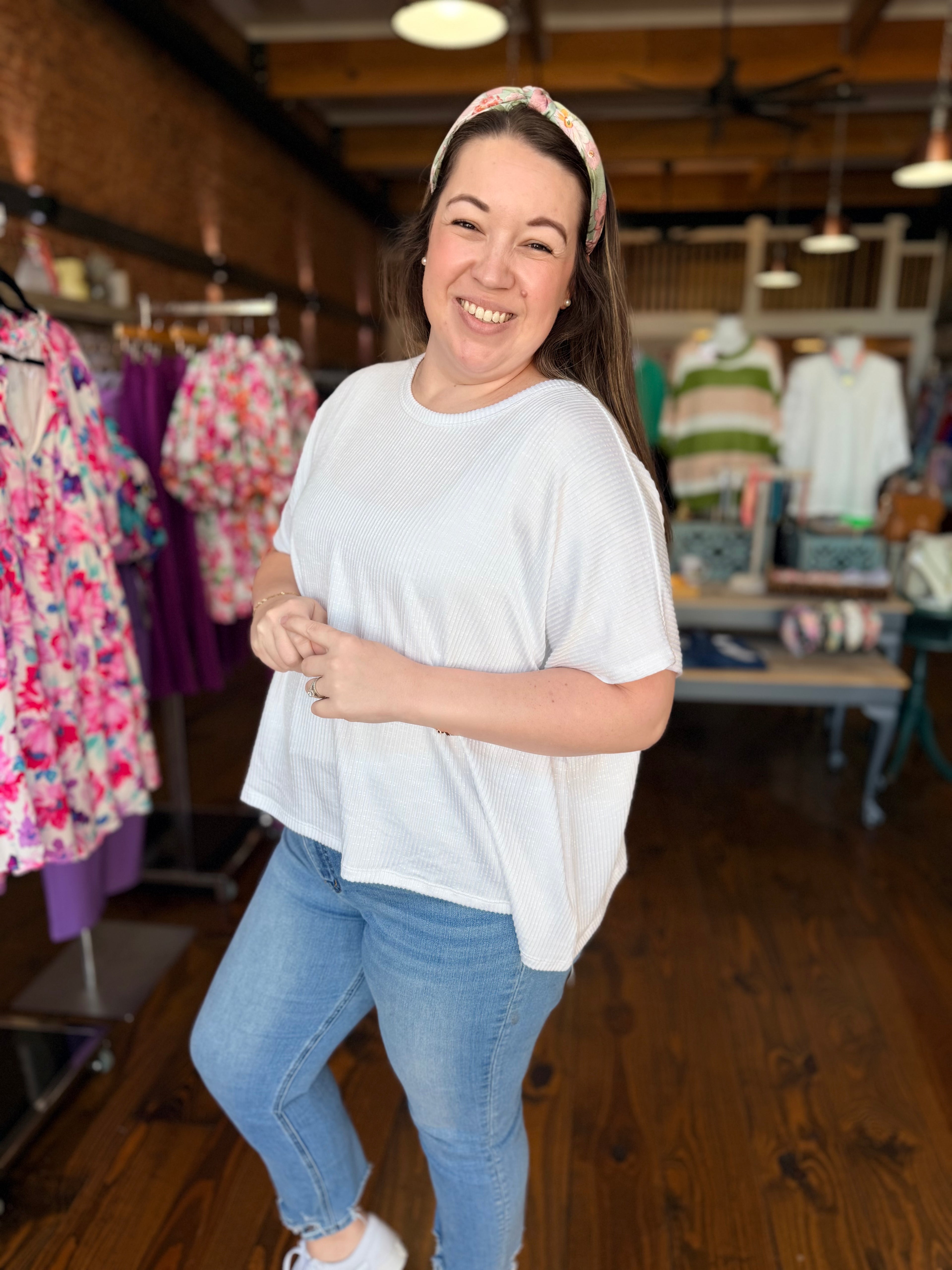 Simple Oversized Ribbed Knit Top - White