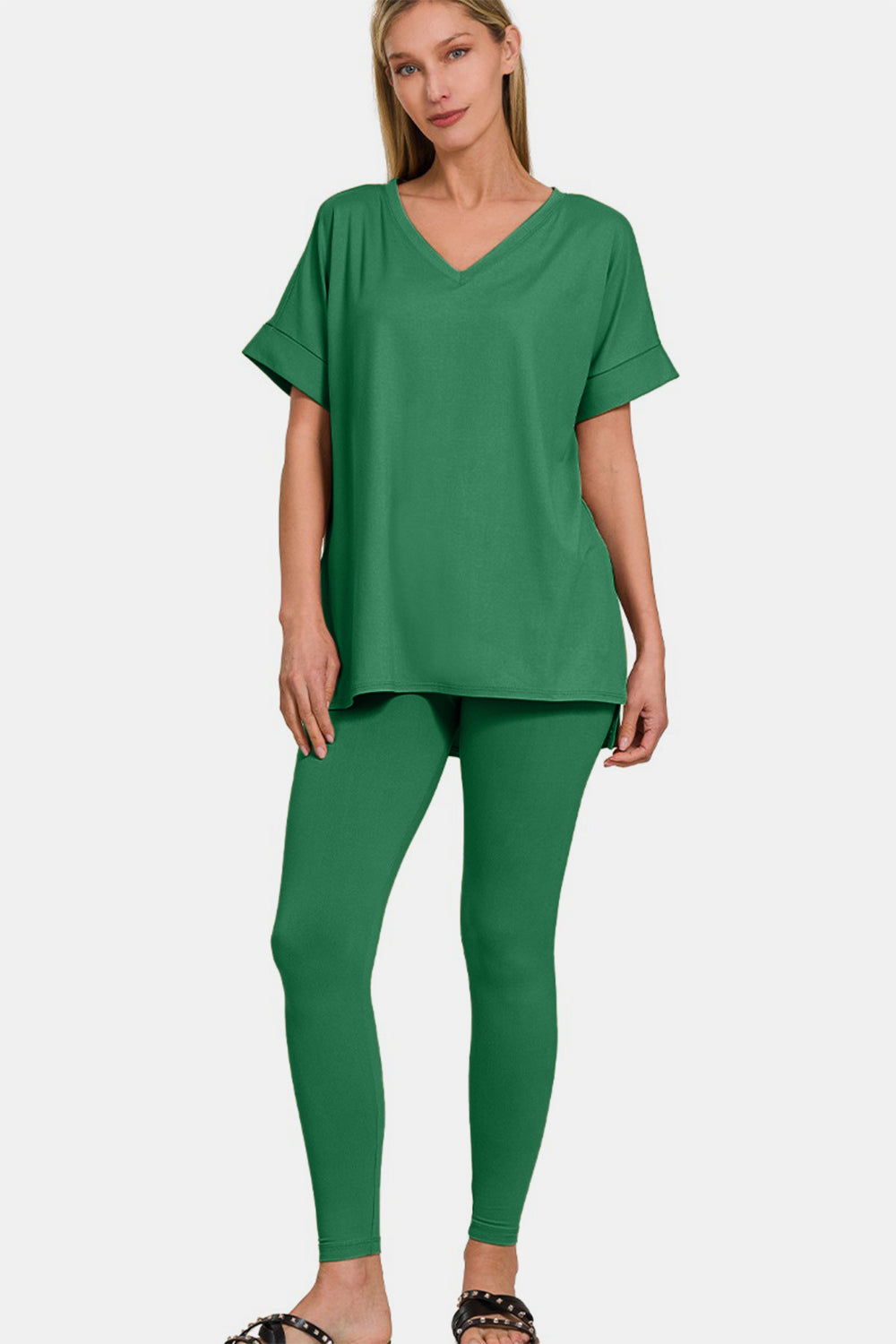 Zenana V-Neck Short Sleeve Shirt and Leggings Lounge Set