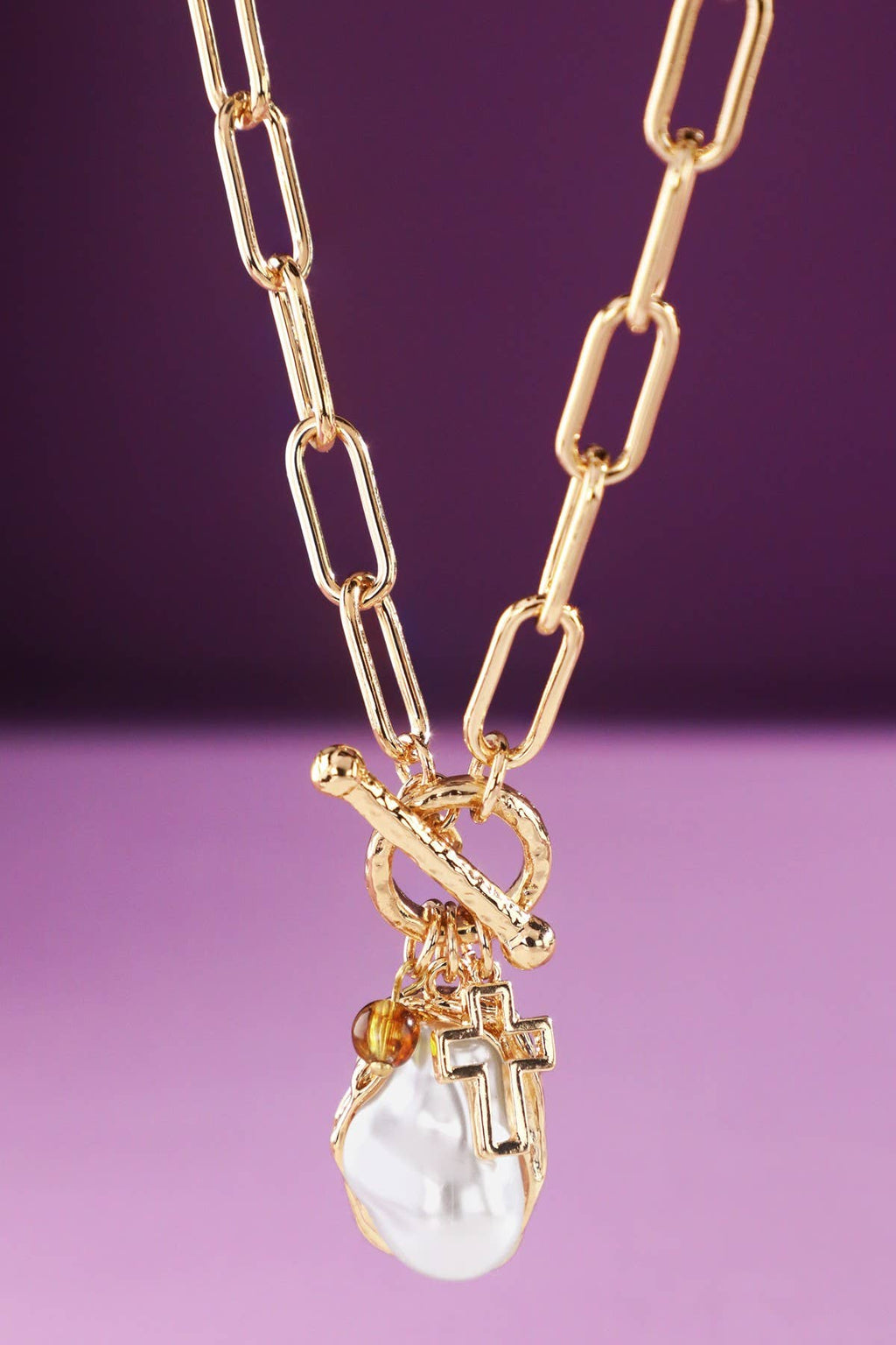 Pearl & Cross Toggle Chain Necklace