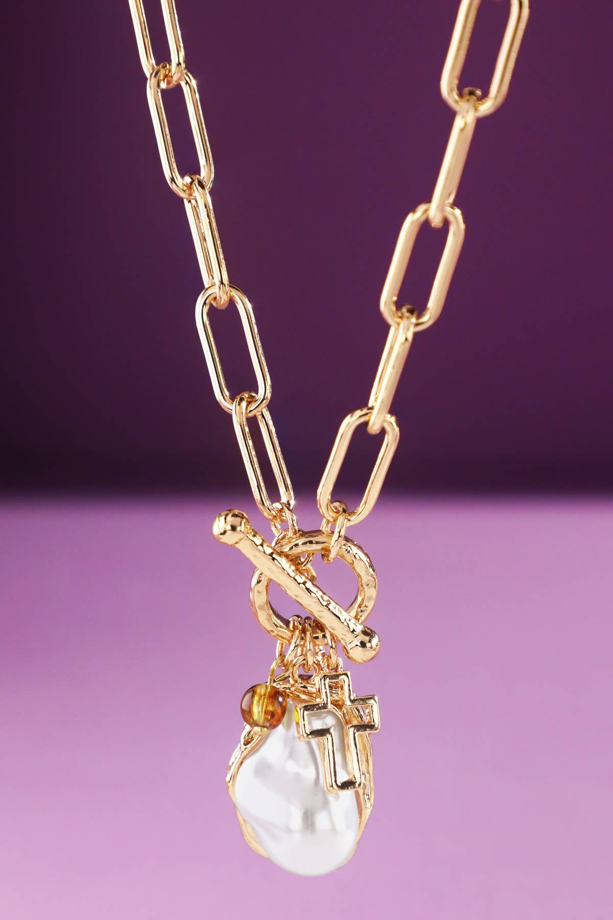 Pearl & Cross Toggle Chain Necklace