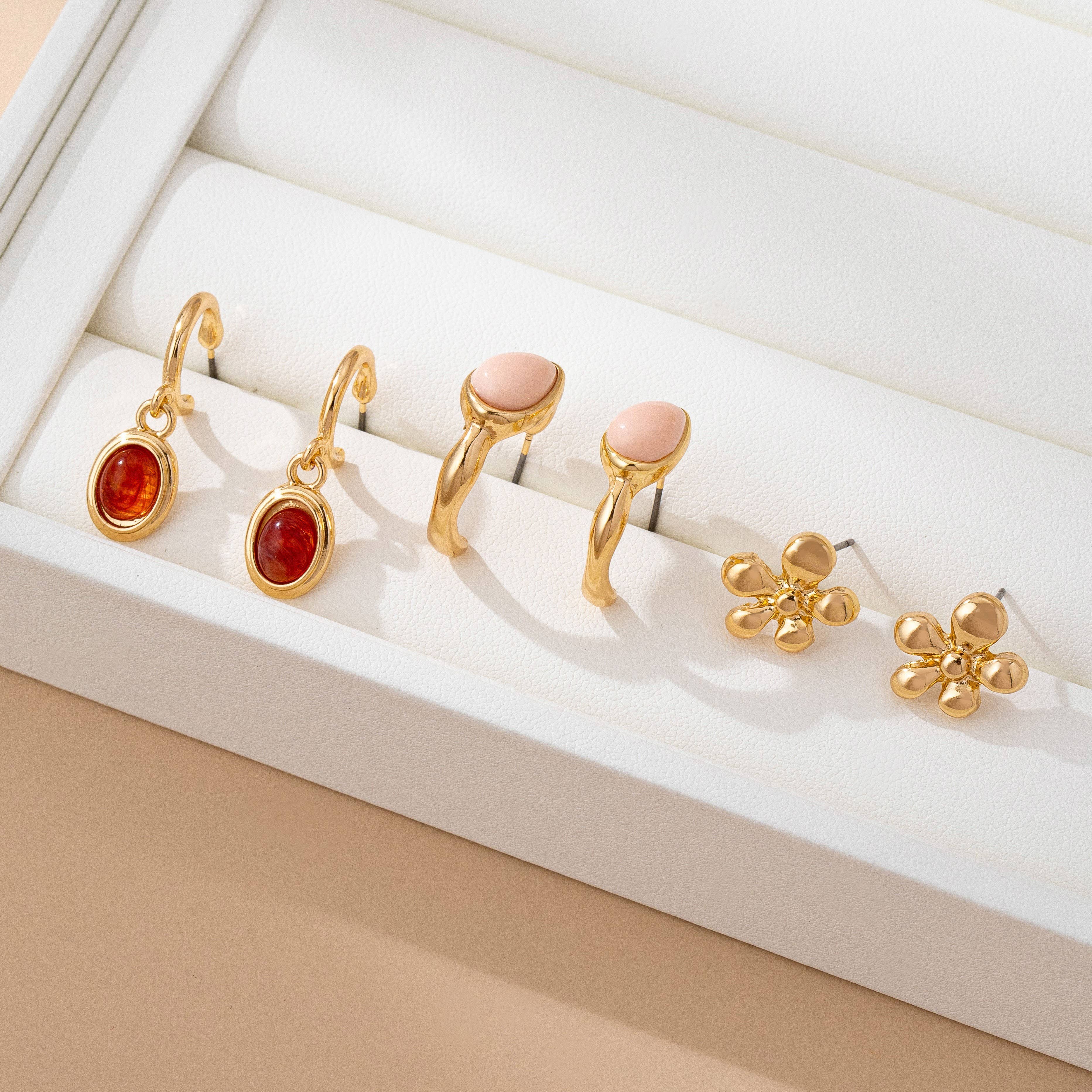 Gold Floral & Gem Drop Hoop Trio Earring Set