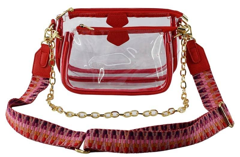 Clear Double Zip Crossbody Bag With Guitar/Chain Strap