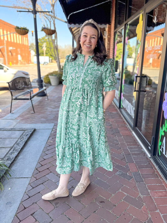 Green Patch Print Midi Dress