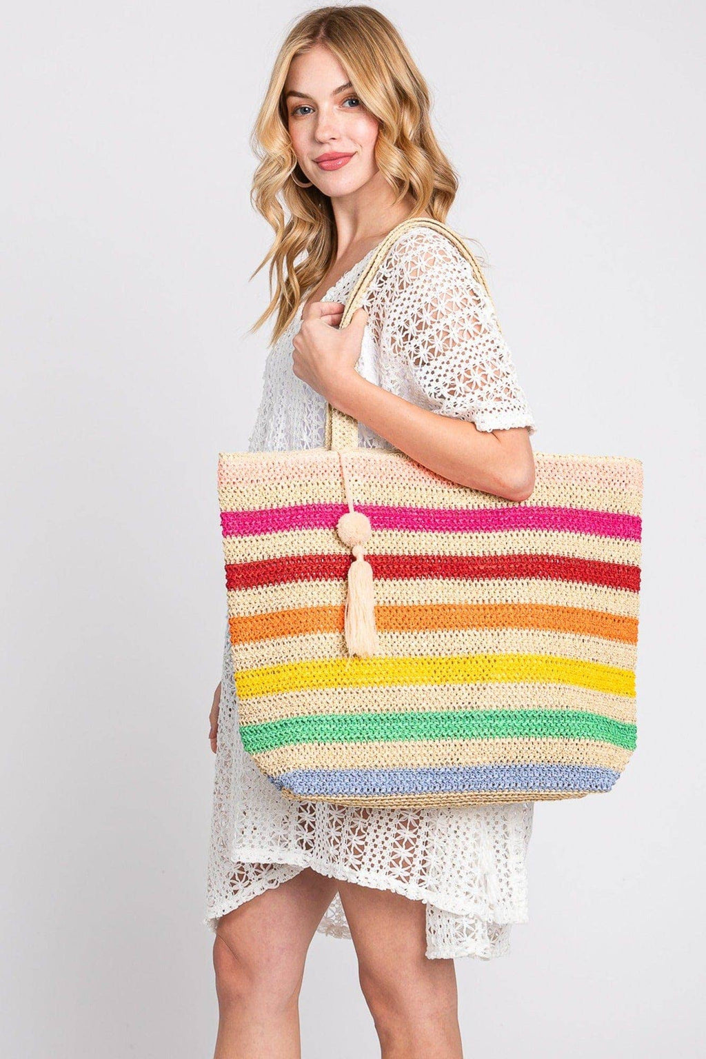 Amara Striped Crochet Women's Tote Bag with Tassel
