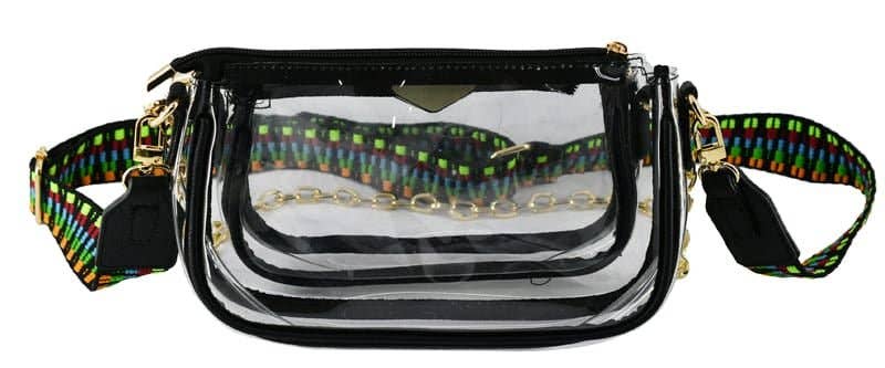 Clear Double Zip Crossbody Bag With Guitar/Chain Strap