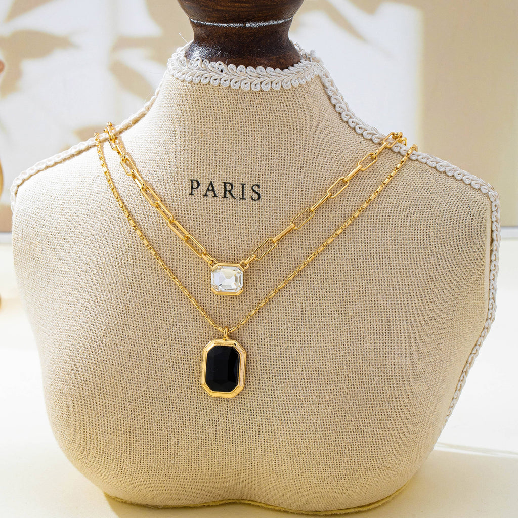 Layered Paperclip Chain Double Gemstone Necklace