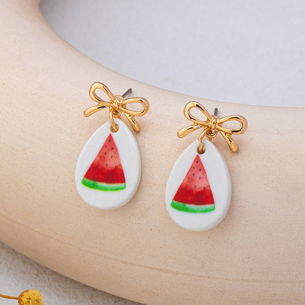 Gold Bow Drop Charm Earrings