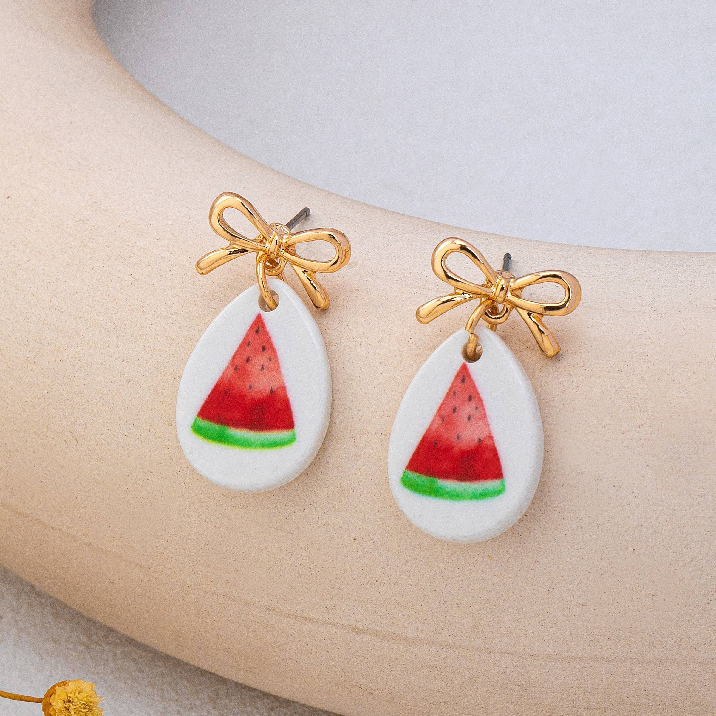 Gold Bow Drop Charm Earrings